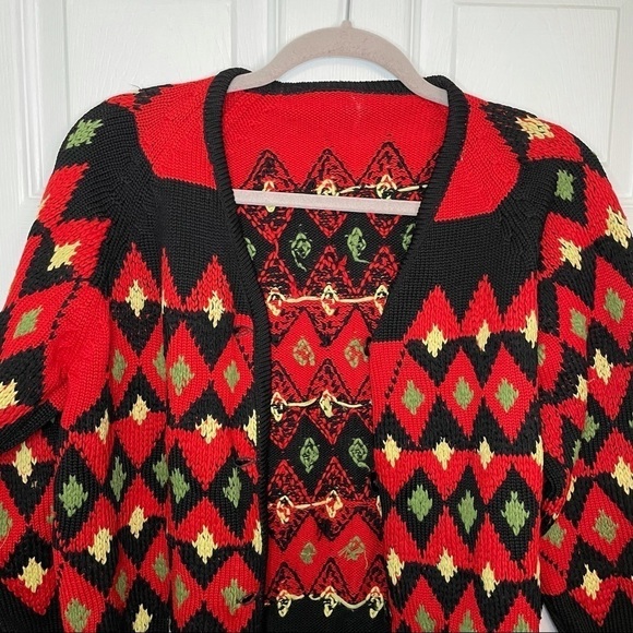 VINTAGE Cottage Core Handmade Knit Printed Red Cardigan Sweater small - Picture 3 of 6